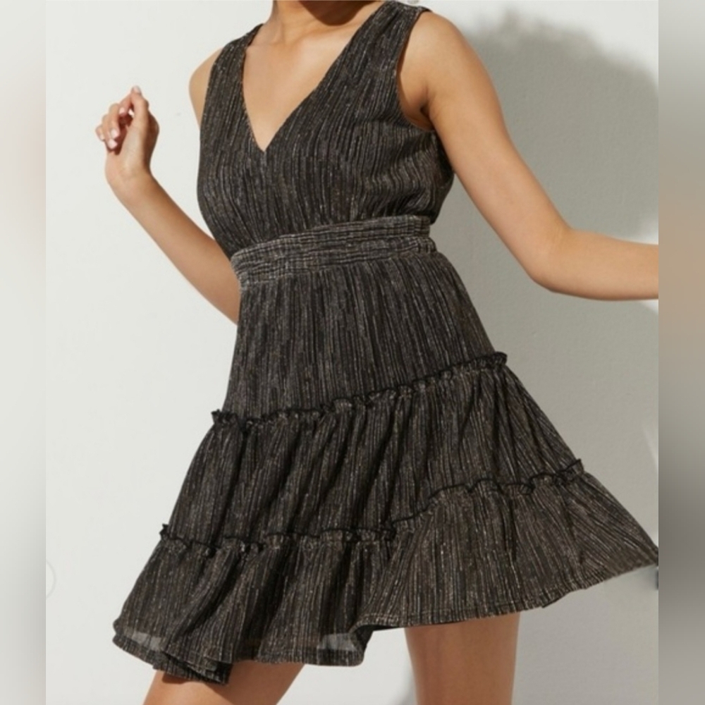 NWT Audry Parks V-Neck Bronze Glitter Tiered Dress SZ LARGE